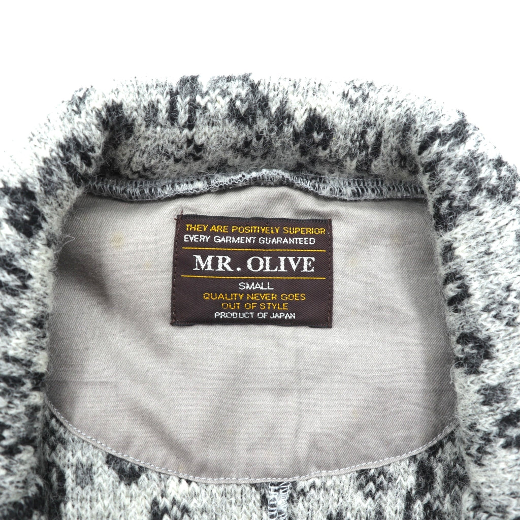 MR.OLIVE Jacquard Knit Allover Pattern Tailored Jacket, Leather, Gray Wool, Size S, M-3359, Made in Japan