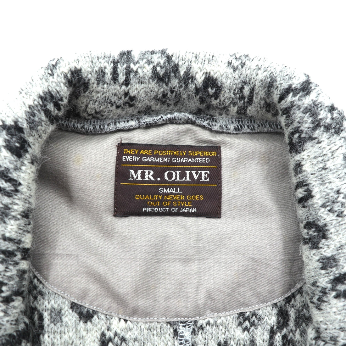 MR.OLIVE Jacquard Knit Allover Pattern Tailored Jacket, Leather, Gray Wool, Size S, M-3359, Made in Japan