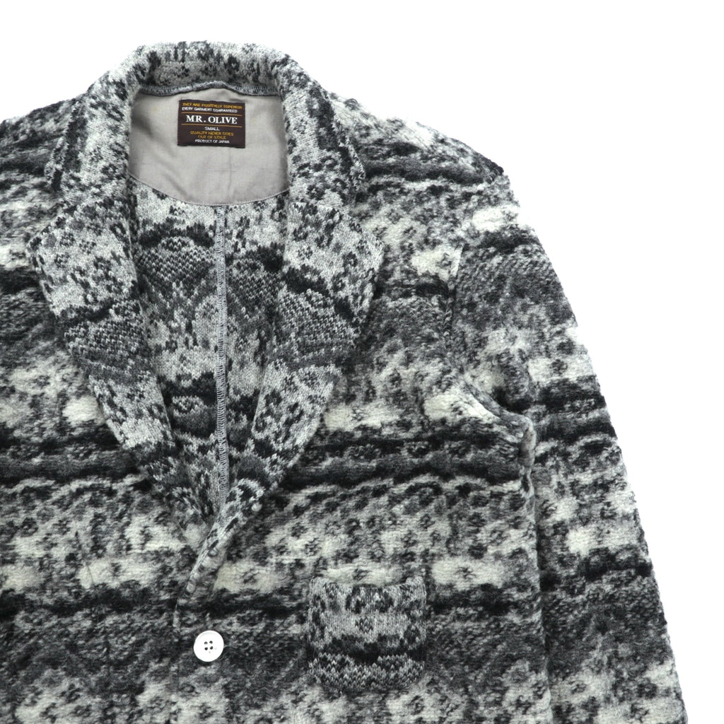 MR.OLIVE Jacquard Knit Allover Pattern Tailored Jacket, Leather, Gray Wool, Size S, M-3359, Made in Japan