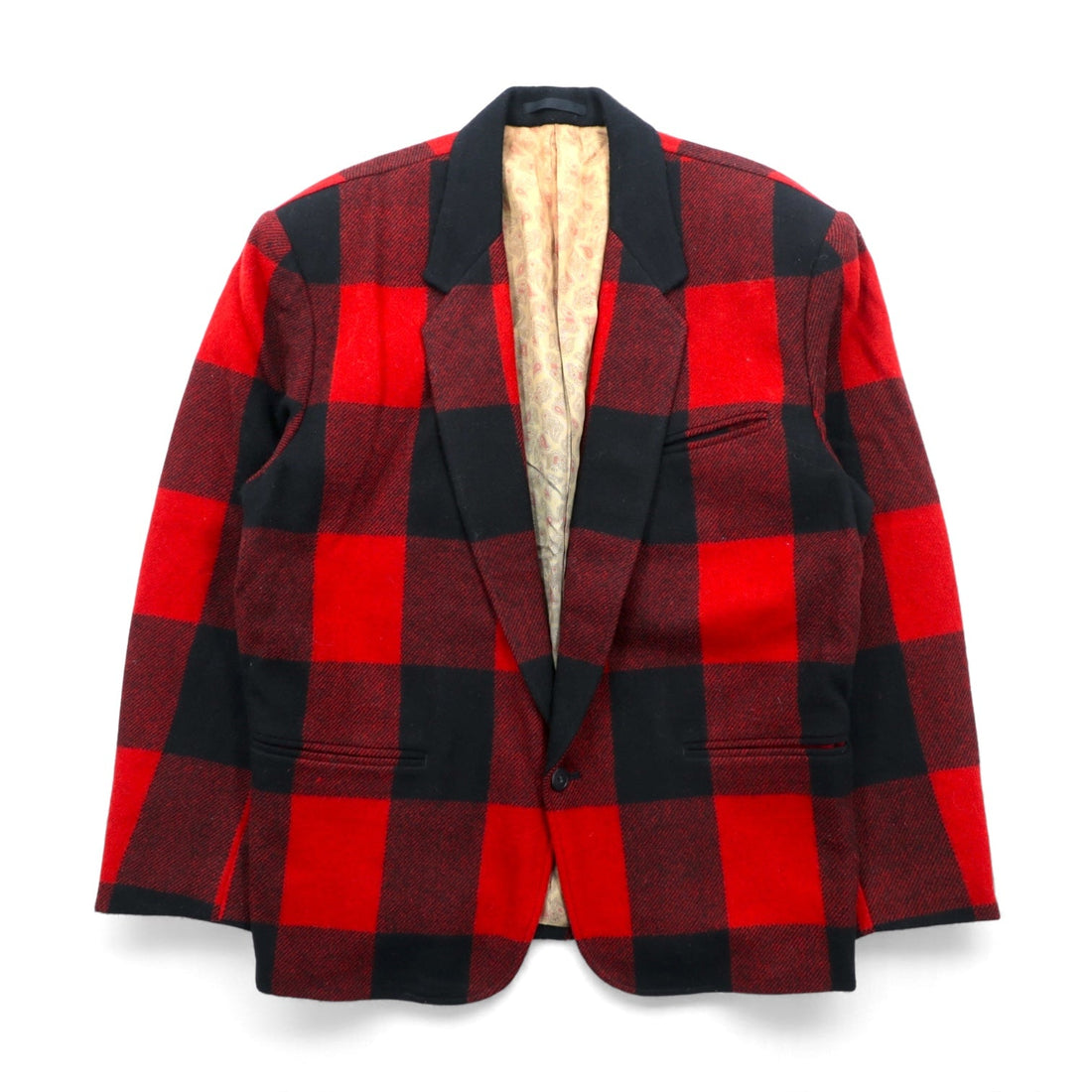 90s Japan Vintage Blazer Buffalo Check Tweed 1B Tailored Jacket Leather Medium Red Wool Lining Paisley Pattern INO Made in
