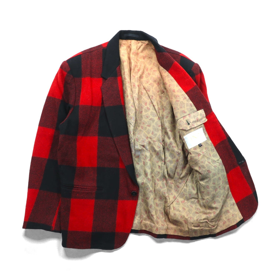 90s Japan Vintage Blazer バッファローチェック ツイード 1B テーラードジャケット ブレザー M レッド ウール 裏地 ペイズリー柄 INO 日本製