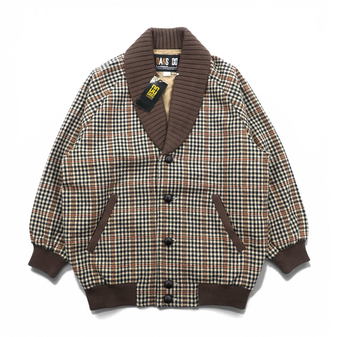DAKS 90年代 日本製 ショールカラー リブ ブルゾン S ウール ガンクラブチェック くるみボタン 未使用品