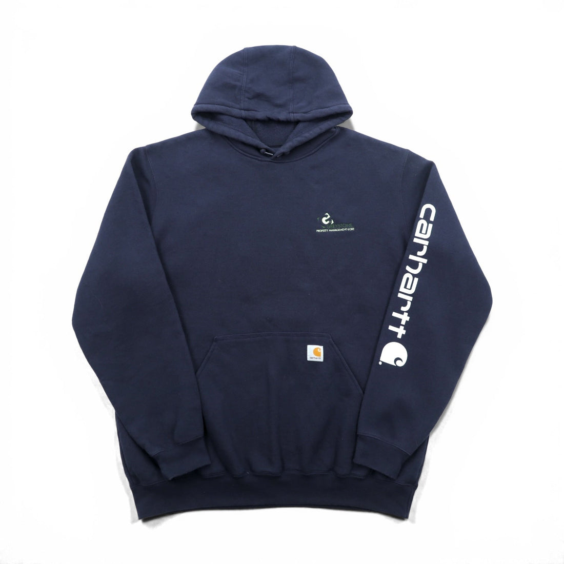 carhartt プルオーバー パーカー L ネイビー 裏起毛 カンガルーポケット 袖ロゴ K288