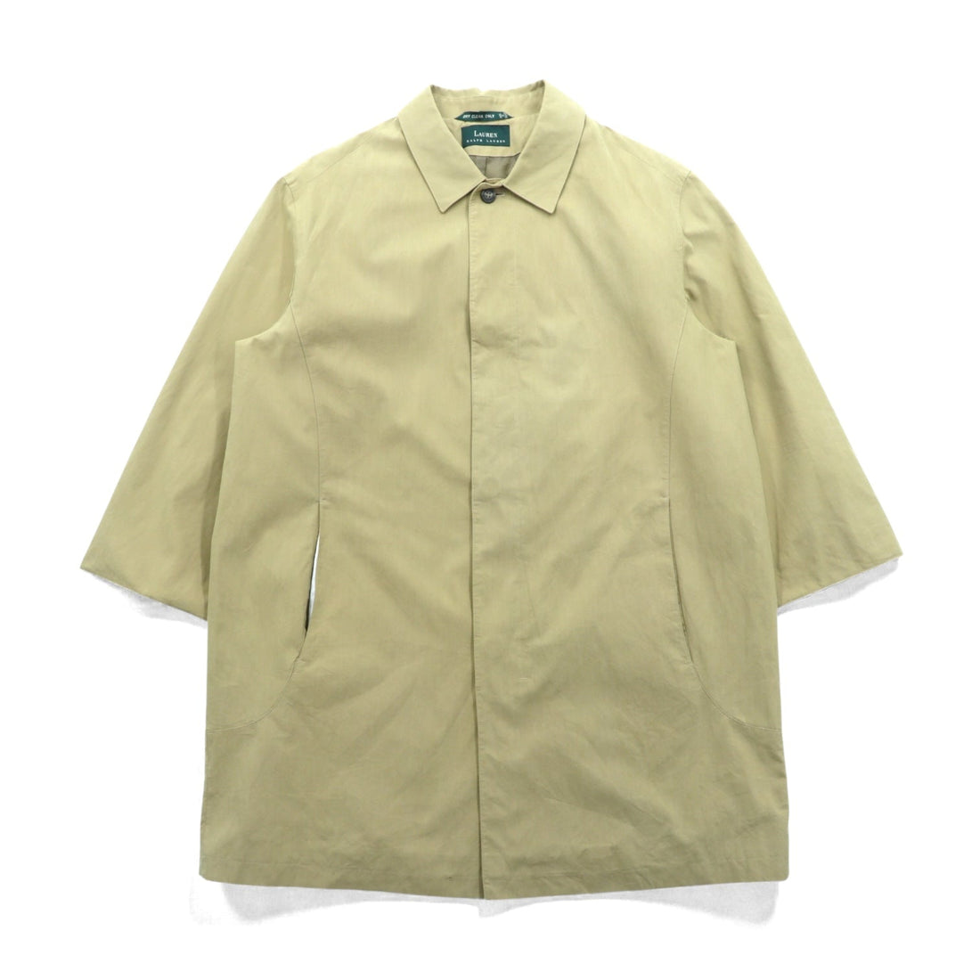 LAUREN RALPH 90s Peach Skin Balmacaan Coat, Soutien Collar, Large, Beige, with a hidden placket and cotton lining.