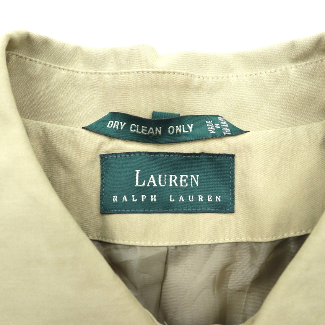 LAUREN RALPH 90s Peach Skin Balmacaan Coat, Soutien Collar, Large, Beige, with a hidden placket and cotton lining.