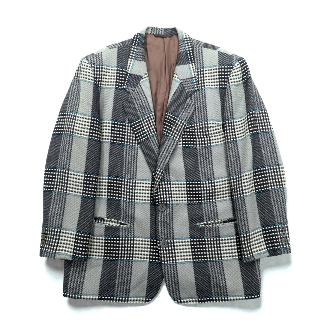 Carmina Uomo 90s Vintage Tweed 2B Tailored Jacket, Leather, Size L, Gray Wool Check