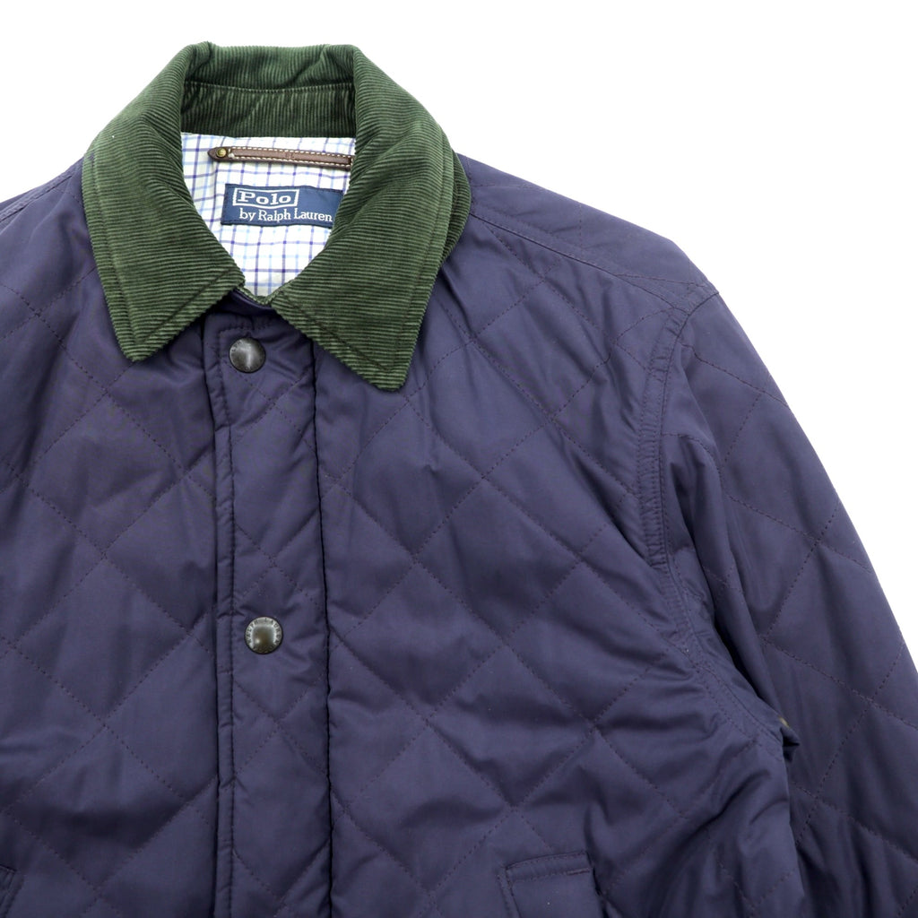 Polo Ralph Lauren 90年代 中綿 キルティングジャケット L ネイビー 襟コーデュロイ ダブルジップ チンストラップ エルボーパッチ 裏地チェック