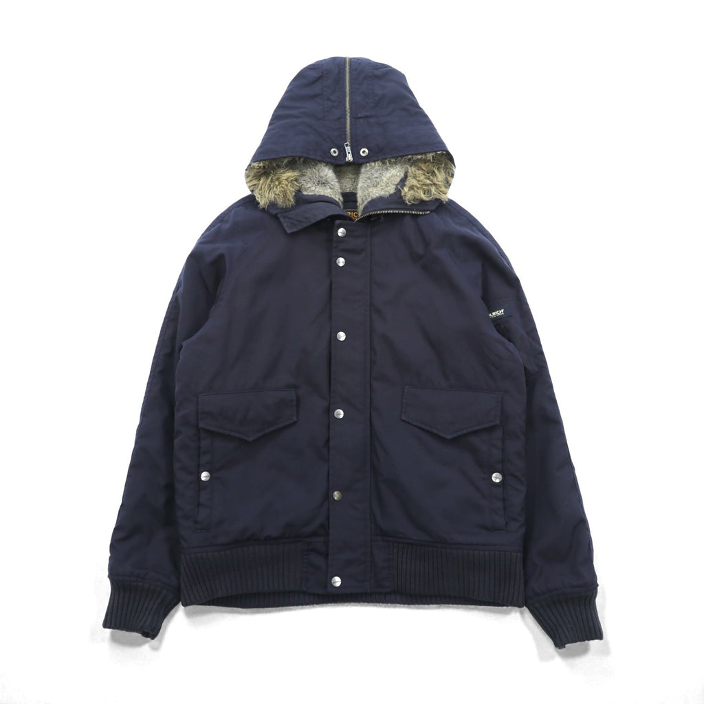 Woolrich N-2B Flight Jacket Padded Bomber Jacket, Size L, Navy, Short Length, Nylon Rabbit Hoodie, Faux Fur