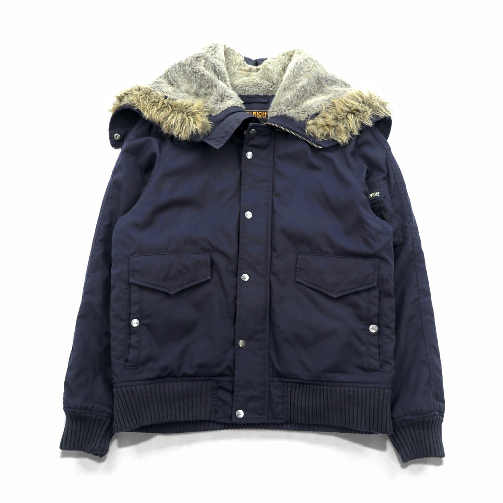 Woolrich N-2B Flight Jacket Padded Bomber Jacket, Size L, Navy, Short Length, Nylon Rabbit Hoodie, Faux Fur