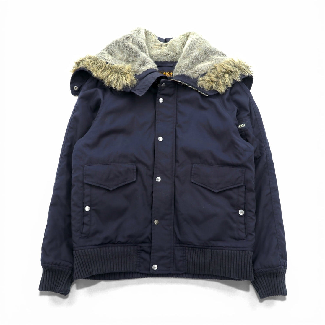 Woolrich N-2B Flight Jacket Padded Bomber Jacket, Size L, Navy, Short Length, Nylon Rabbit Hoodie, Faux Fur