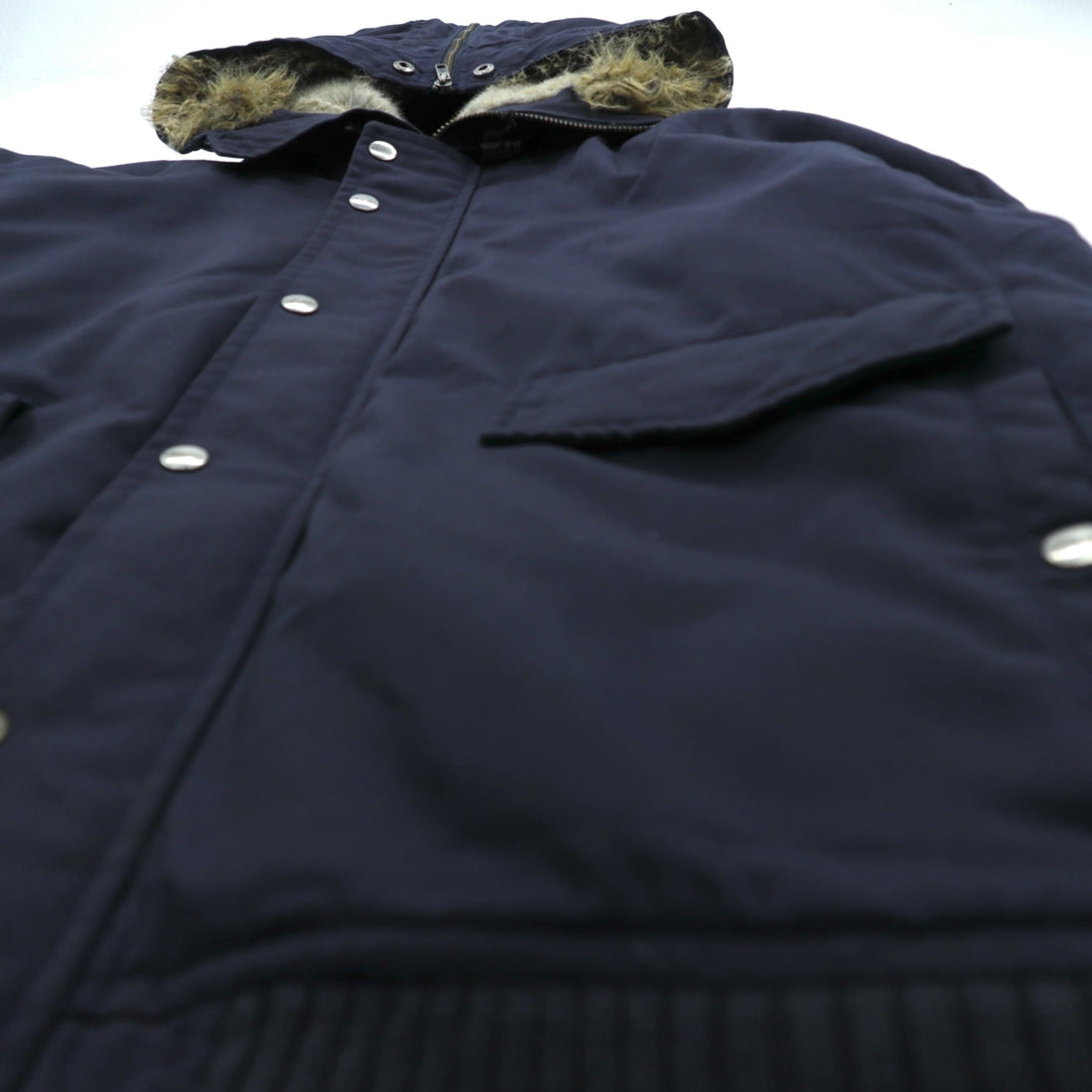 Woolrich N-2B Flight Jacket Padded Bomber Jacket, Size L, Navy, Short Length, Nylon Rabbit Hoodie, Faux Fur