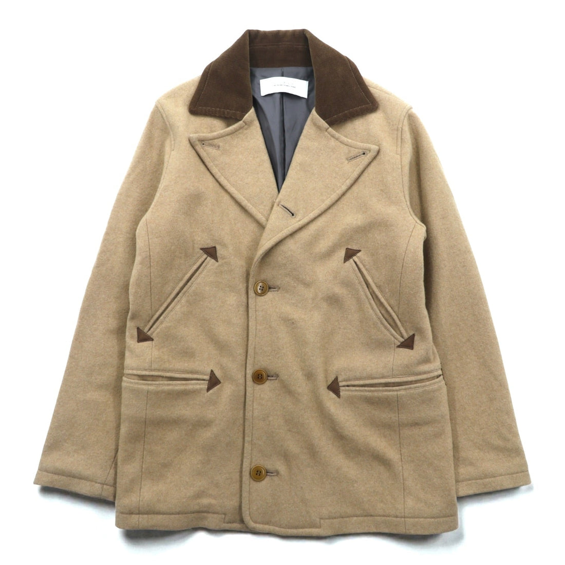 CURLY Single Officer Pea Coat, Size M, Beige, Corduroy Collar, Peak Lapel, Made in Japan