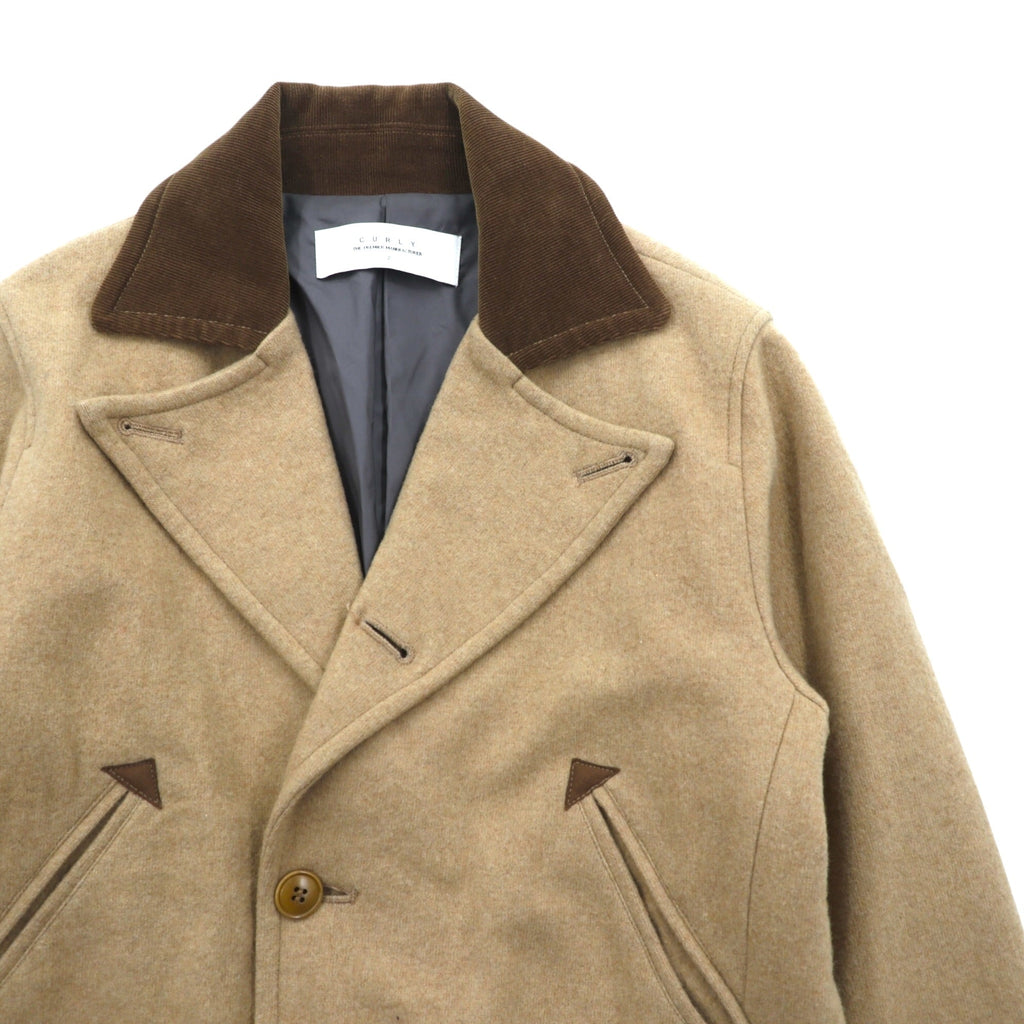 CURLY Single Officer Pea Coat, Size M, Beige, Corduroy Collar, Peak Lapel, Made in Japan