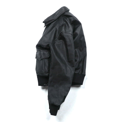 90s USA Vintage A-2 Leather Bomber Jacket Flight Jacket, Size M, Black Leather, Genuine SCOVIL Zip, Epaulettes, Made in USA, 90s, San Francisco Aviation Supply