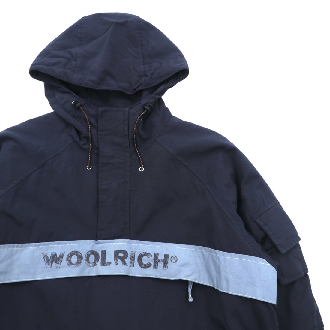 Woolrich ハーフジップ アノラックパーカー ナイロンジャケット L ネイビー ドローコード カンガルーポケット 中綿 サイドジップ スリット
