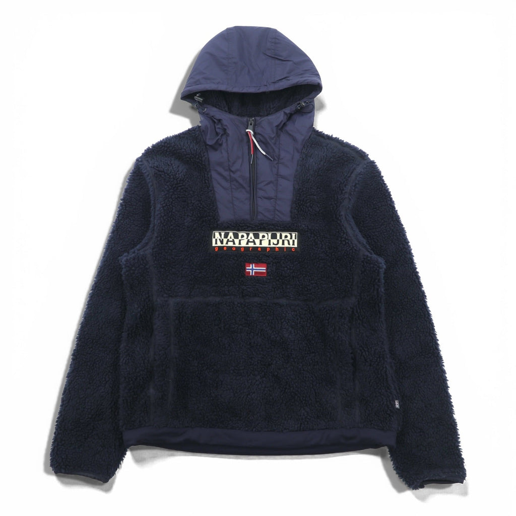 NAPAPIJRI Half Zip Anorak Hoodie Sherpa Fleece Jacket L Navy Drawcord Teide N0Y13M
