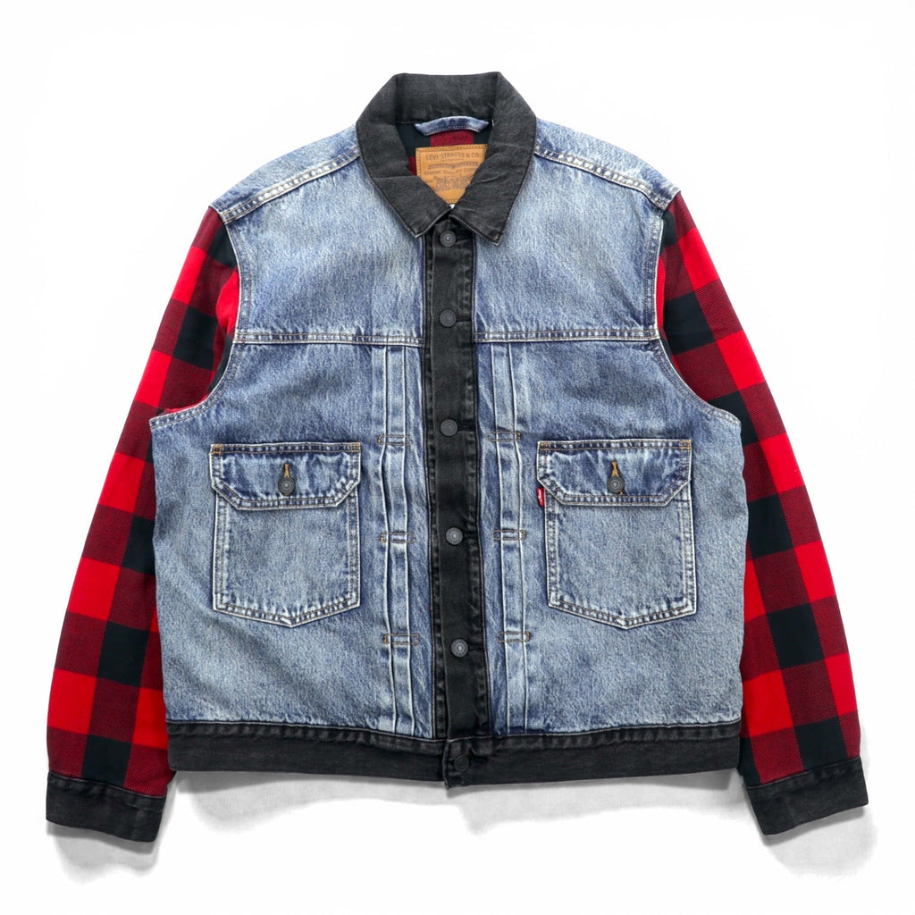Levi's PREMIUM Type II Hybrid Trucker Jacket, Big E Denim Size M, Pleated, Reconstructed Buffalo Check Flannel, 77382-0000