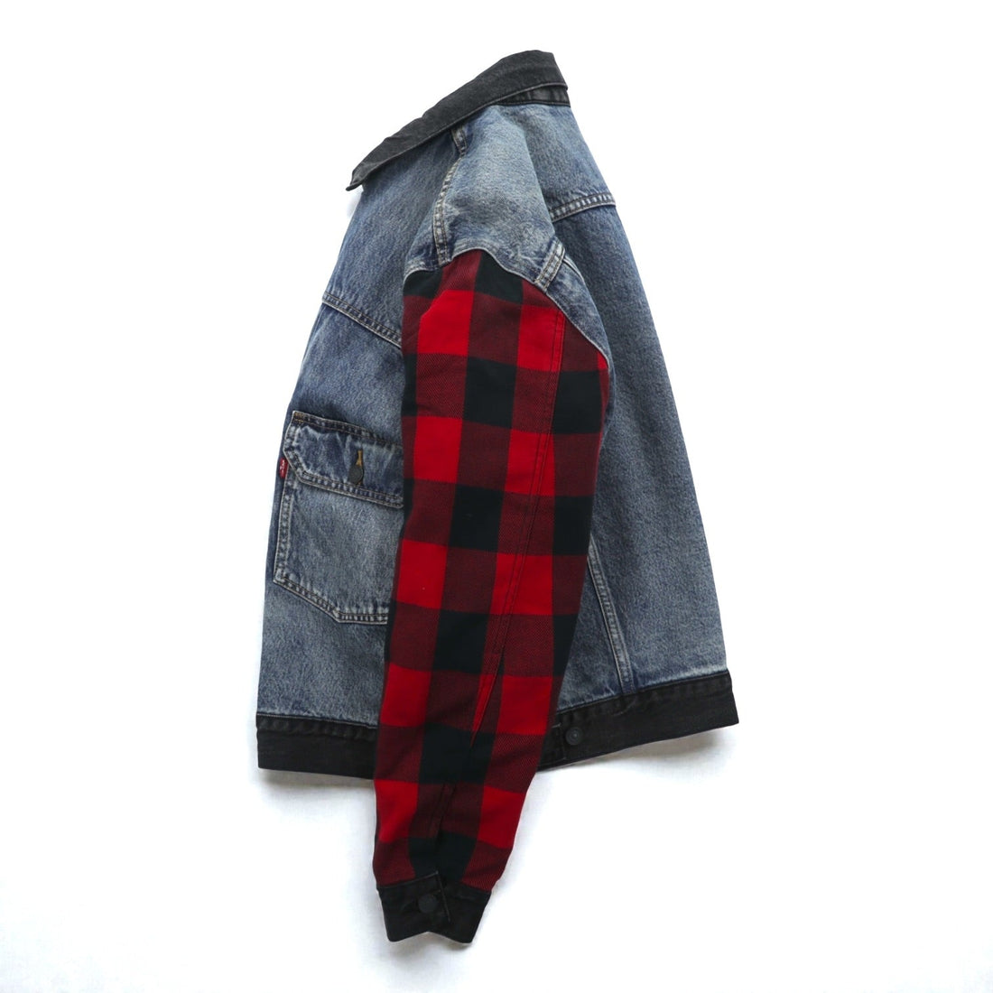Levi's PREMIUM Type II Hybrid Trucker Jacket, Big E Denim Size M, Pleated, Reconstructed Buffalo Check Flannel, 77382-0000