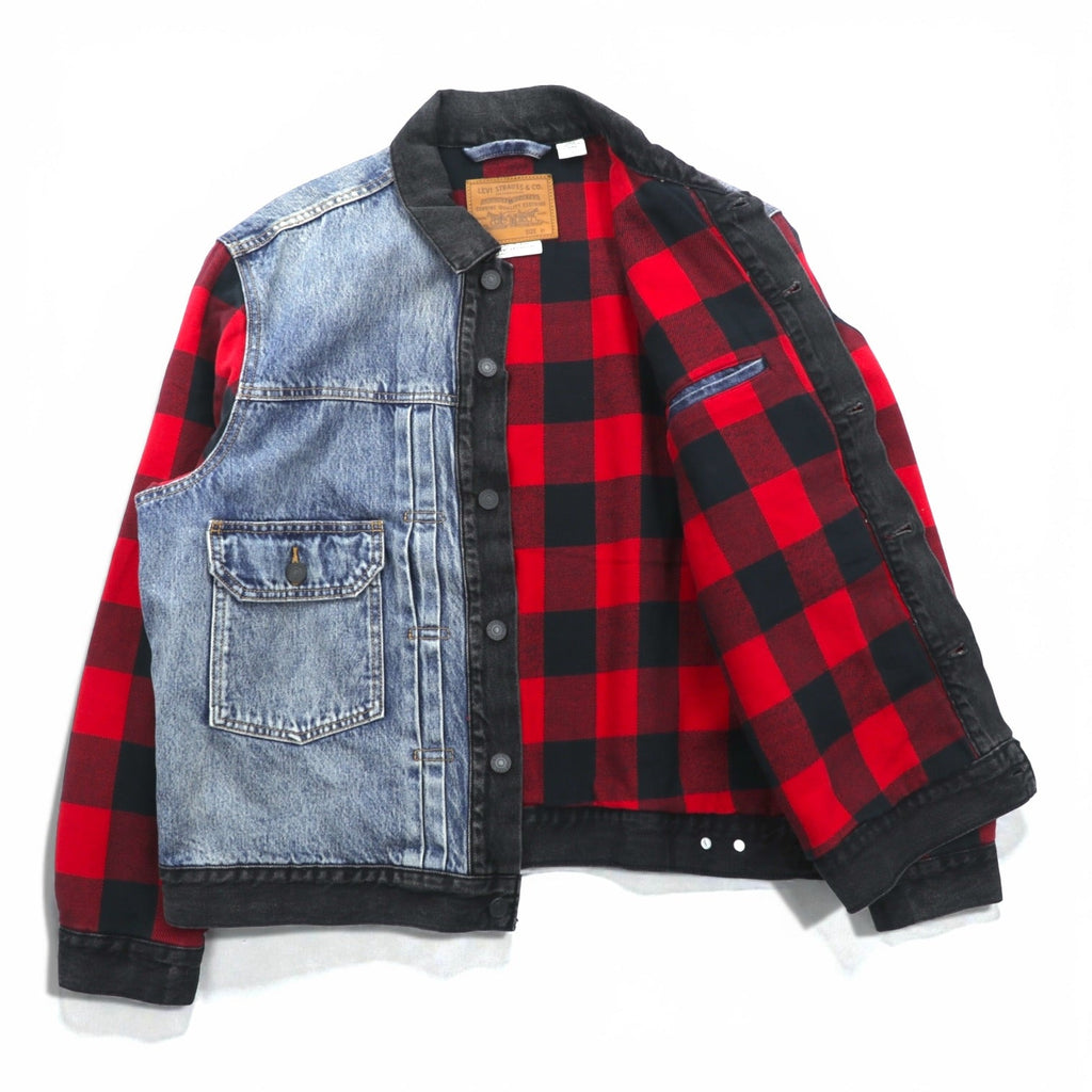 Levi's PREMIUM Type II Hybrid Trucker Jacket, Big E Denim Size M, Pleated, Reconstructed Buffalo Check Flannel, 77382-0000