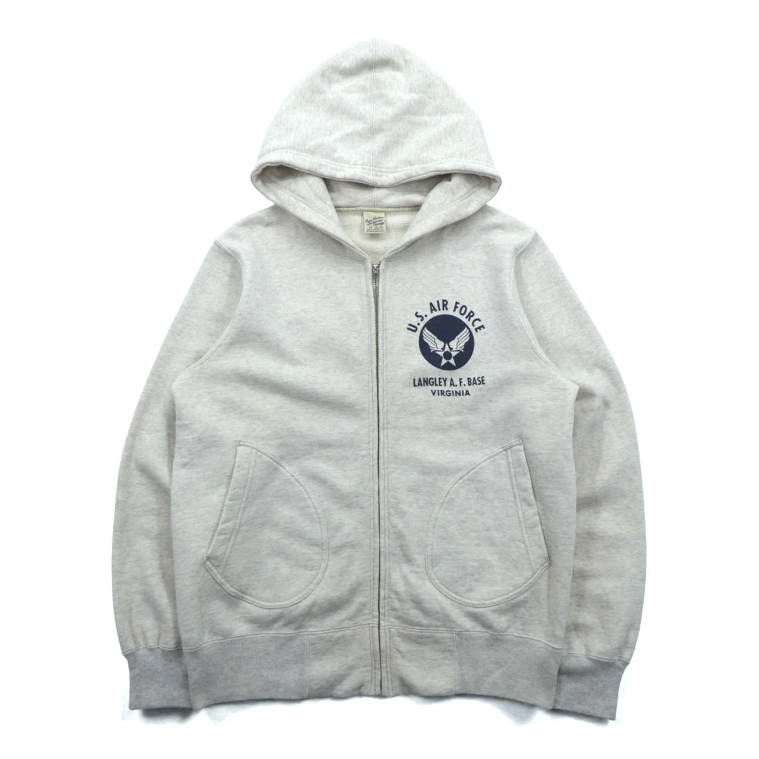 BUZZ RICKSON'S U.S. AIR FORCE Dye-In Print Zip Hoodie, Size M, Gray Cotton, LANGLEY, A.F. BASE, VIRGINIA