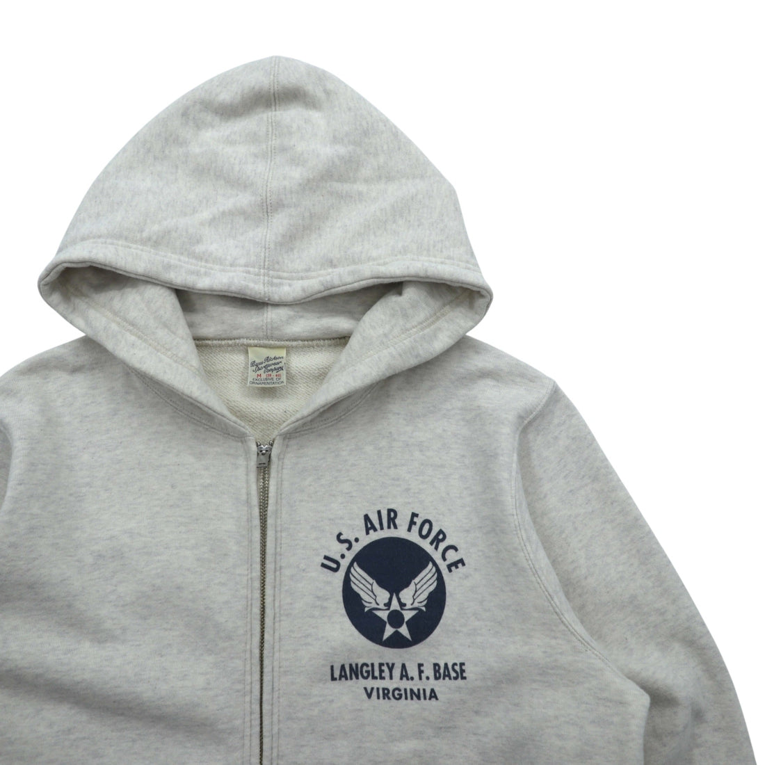 BUZZ RICKSON'S U.S. AIR FORCE Dye-In Print Zip Hoodie, Size M, Gray Cotton, LANGLEY, A.F. BASE, VIRGINIA