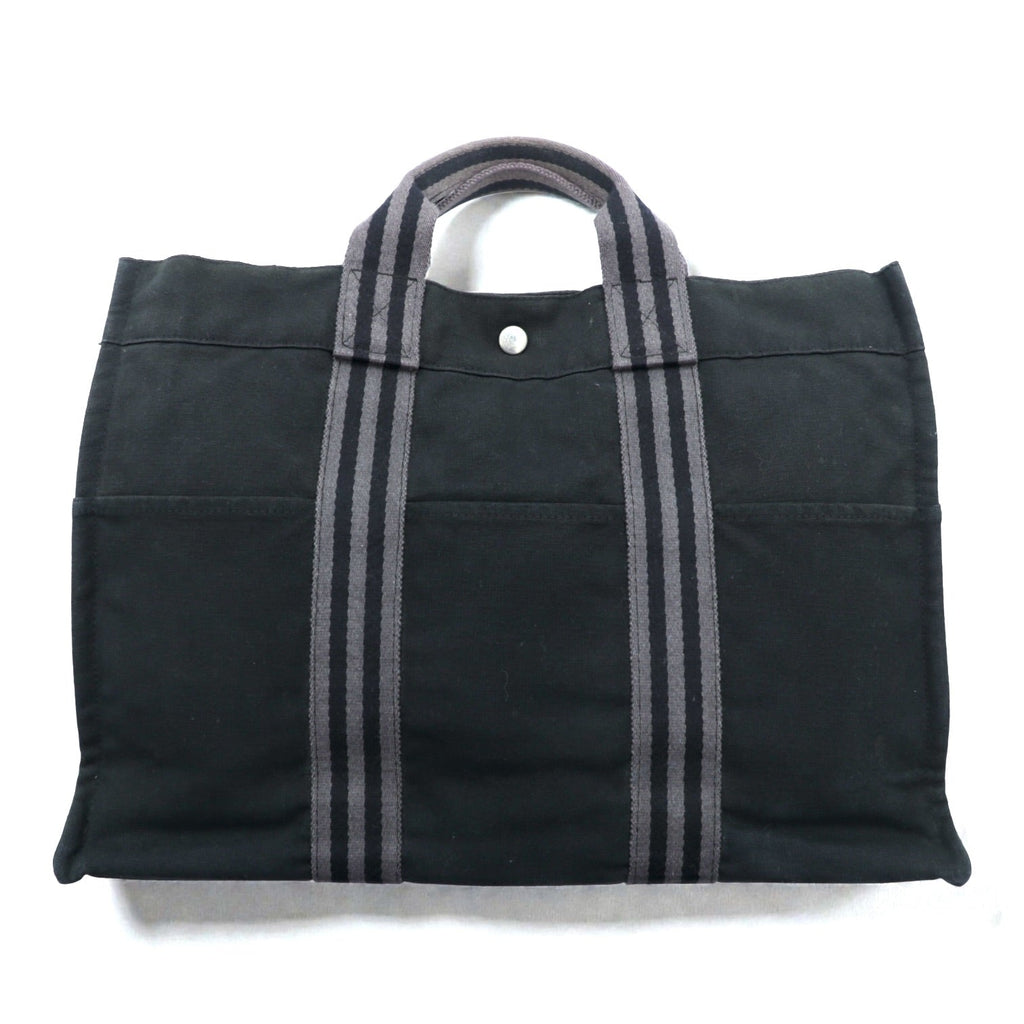 HERMES フランス製 フールトゥ MM トートバッグ ブラック コットン キャンバス