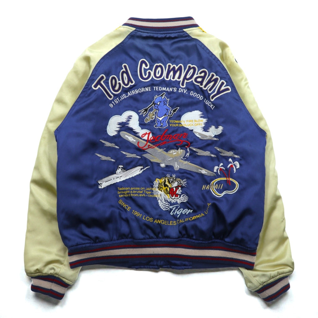 TEDMAN 90s Sukajan Souvenir Jacket, Large, Blue Nylon, TED COMPANY Tiger Print, US AIRBORNE Embroidery