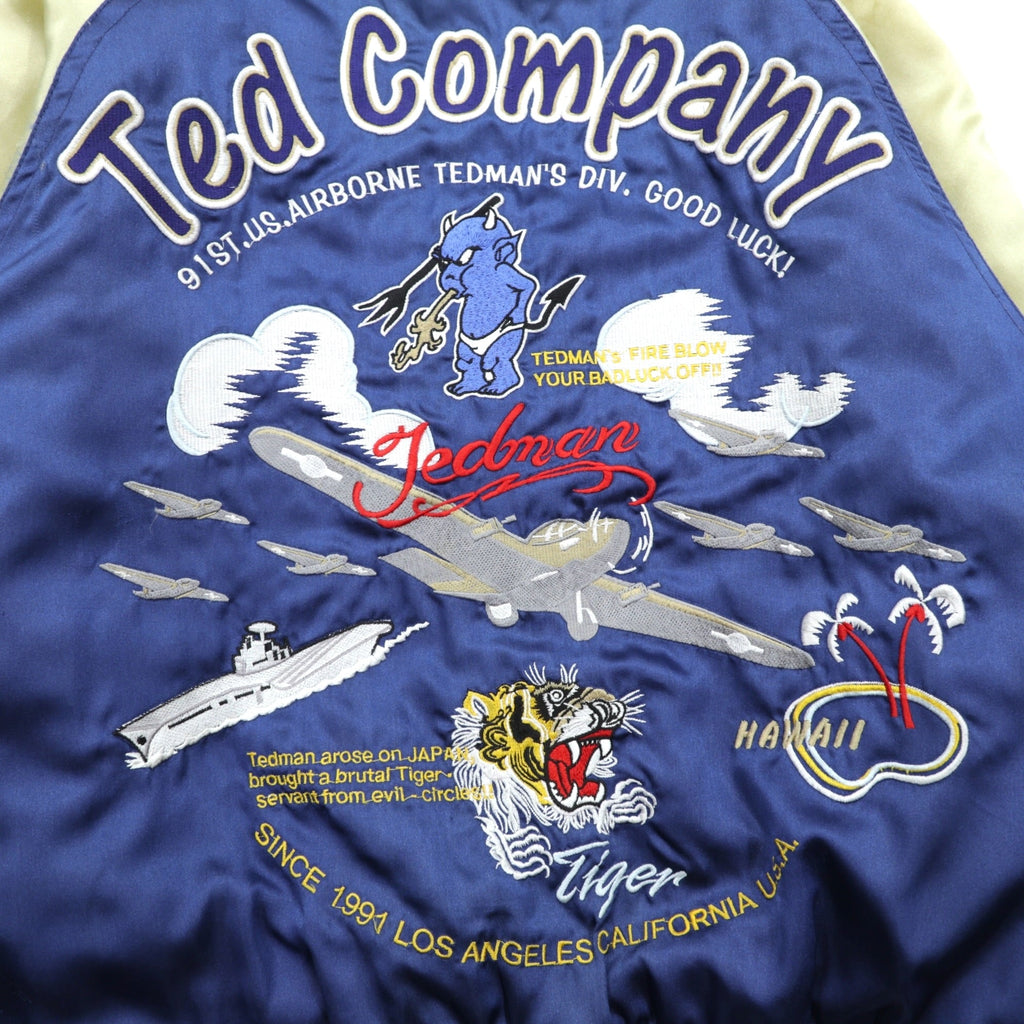TEDMAN 90s Sukajan Souvenir Jacket, Large, Blue Nylon, TED COMPANY Tiger Print, US AIRBORNE Embroidery