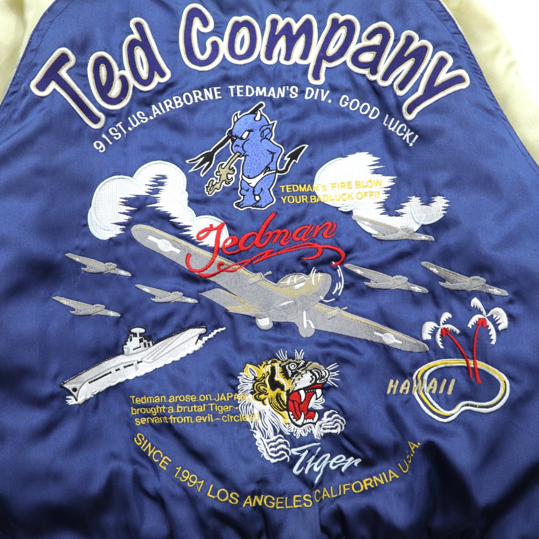 TEDMAN 90s Sukajan Souvenir Jacket, Large, Blue Nylon, TED COMPANY Tiger Print, US AIRBORNE Embroidery