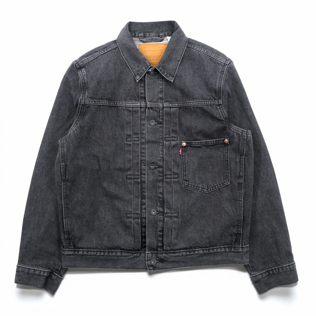 Levi's PREMIUM 1st Type Big E Denim Jacket, Black Cotton, 1 Trucker Size S, Wartime Model, Cinch Back, Double Pleats, Relaxed Fit, A3174-0000