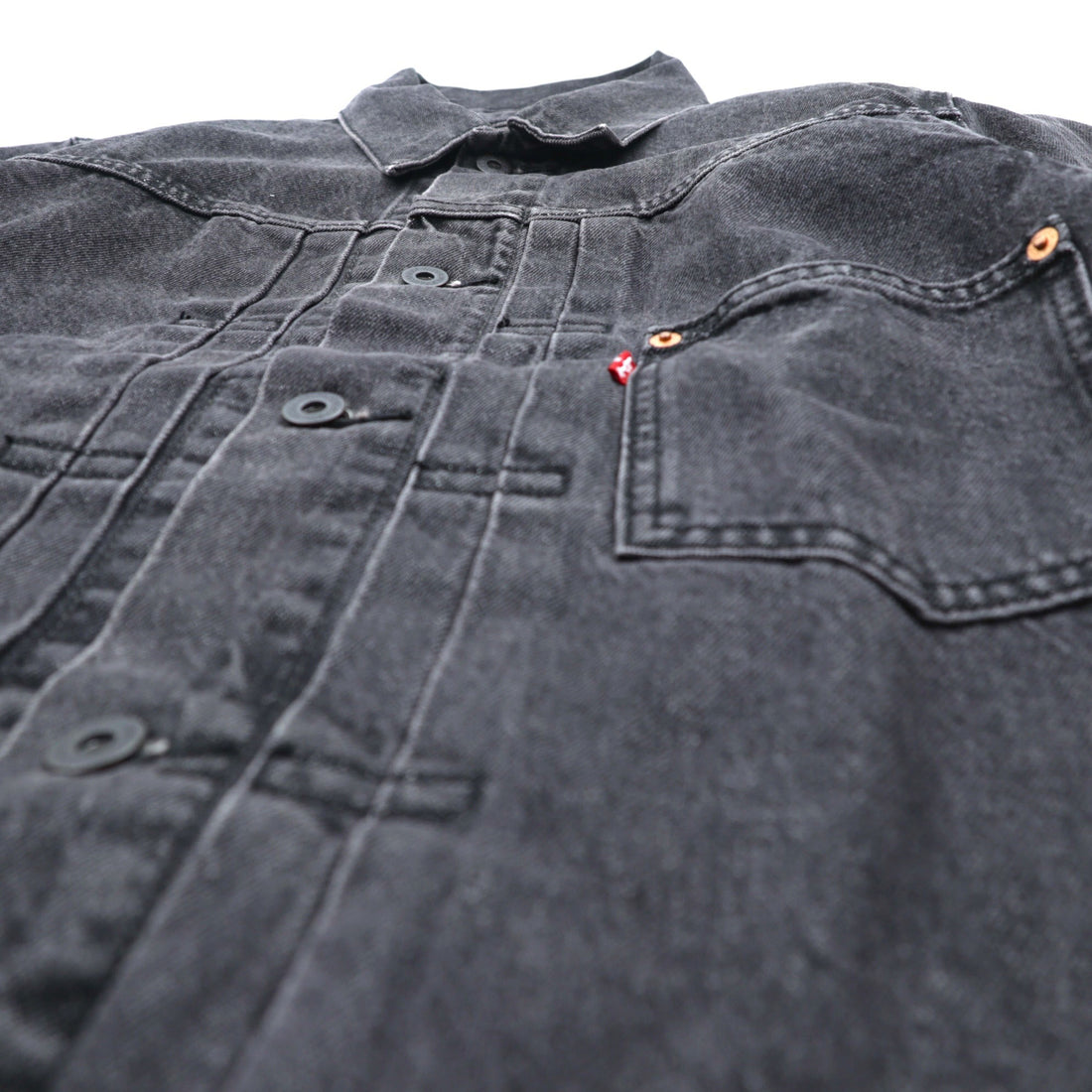 Levi's PREMIUM 1st Type Big E Denim Jacket, Black Cotton, 1 Trucker Size S, Wartime Model, Cinch Back, Double Pleats, Relaxed Fit, A3174-0000