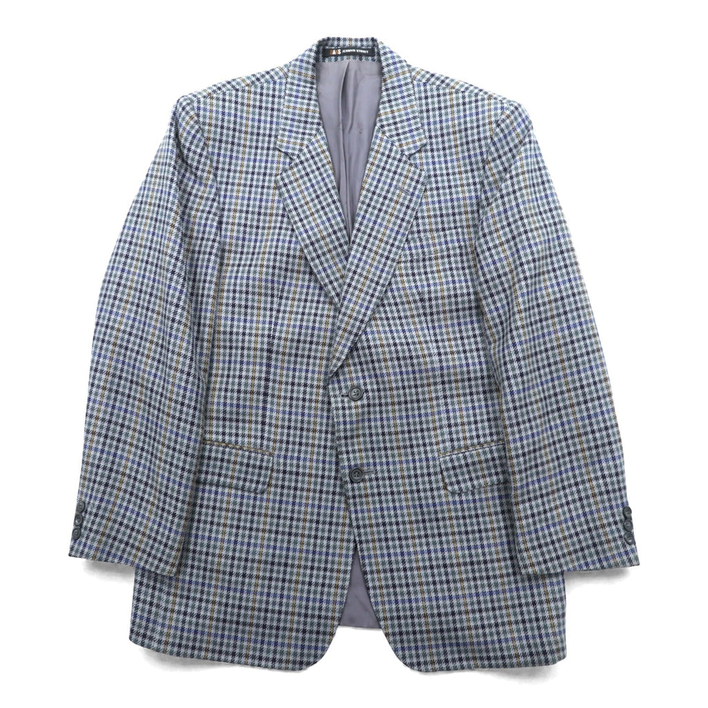 DAKS 80s Made in UK Glen Check 2B Tailored Jacket Blue Leather L Gray Wool PURE NEW