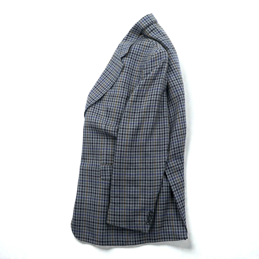 DAKS 80s Made in UK Glen Check 2B Tailored Jacket Blue Leather L Gray Wool PURE NEW