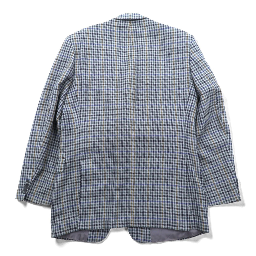 DAKS 80s Made in UK Glen Check 2B Tailored Jacket Blue Leather L Gray Wool PURE NEW