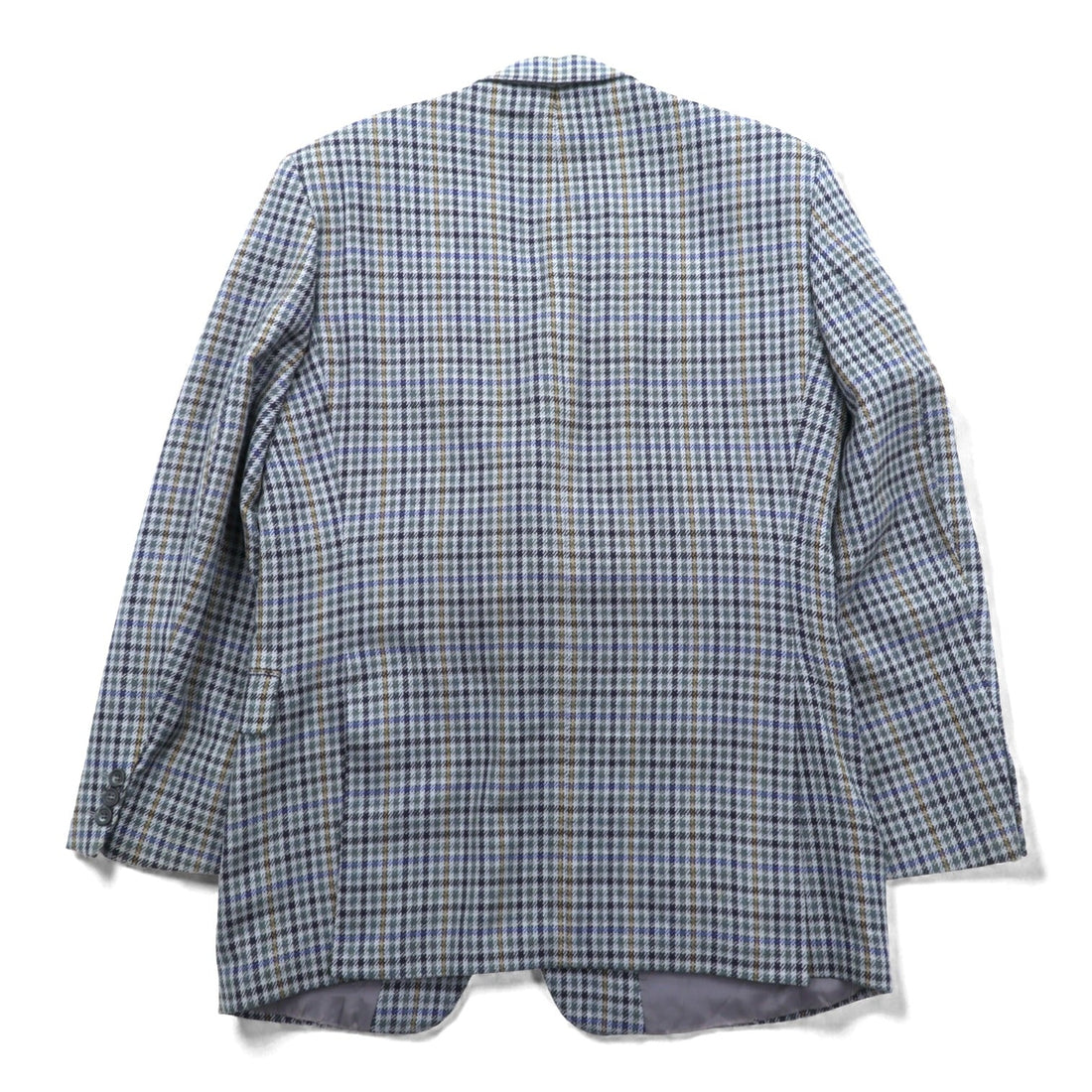 DAKS 80s Made in UK Glen Check 2B Tailored Jacket Blue Leather L Gray Wool PURE NEW