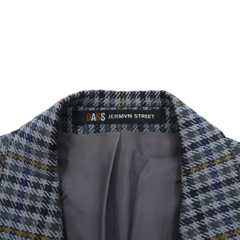 DAKS 80s Made in UK Glen Check 2B Tailored Jacket Blue Leather L Gray Wool PURE NEW