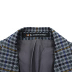 DAKS 80s Made in UK Glen Check 2B Tailored Jacket Blue Leather L Gray Wool PURE NEW
