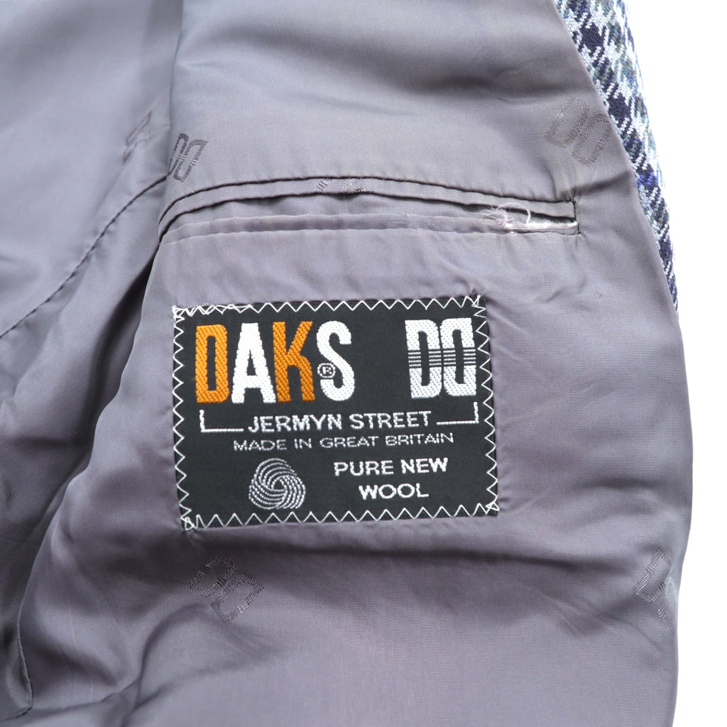 DAKS 80s Made in UK Glen Check 2B Tailored Jacket Blue Leather L Gray Wool PURE NEW