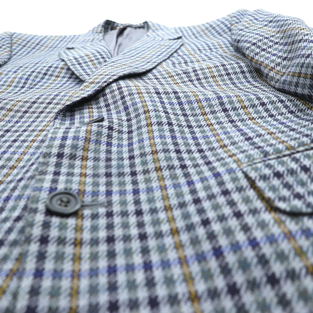 DAKS 80s Made in UK Glen Check 2B Tailored Jacket Blue Leather L Gray Wool PURE NEW