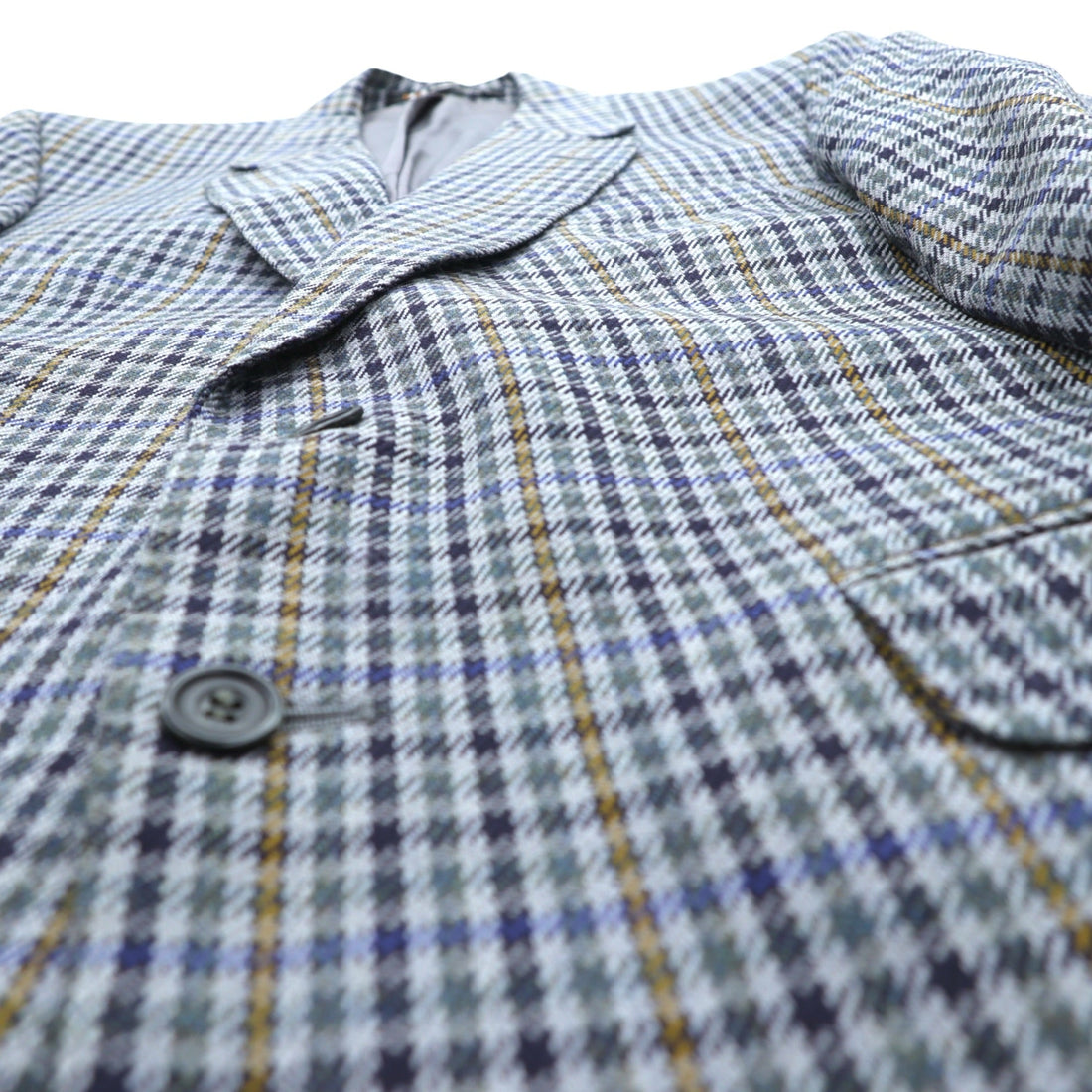 DAKS 80s Made in UK Glen Check 2B Tailored Jacket Blue Leather L Gray Wool PURE NEW