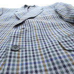 DAKS 80s Made in UK Glen Check 2B Tailored Jacket Blue Leather L Gray Wool PURE NEW