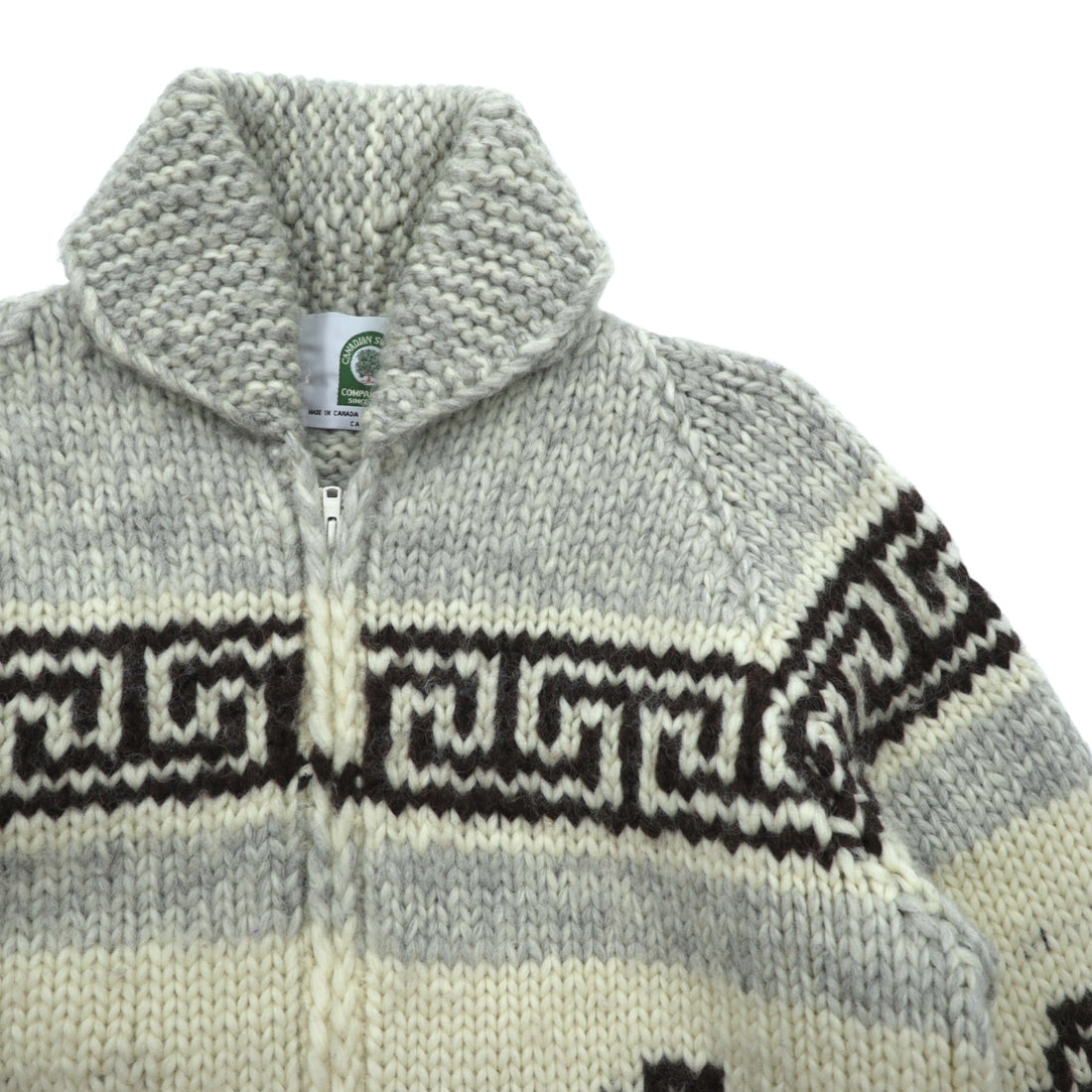 VINTAGE Made in Canada Cowichan Knit Sweater, Large, Beige Wool, CANADIAN SWEATER CO. Thunderbird Zip Up