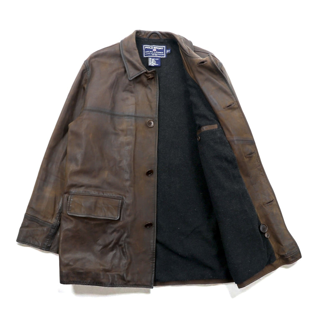 POLO SPORT ( RALPH LAUREN ) 90s Vintage Leather Car Coat Riders Jacket M Brown Genuine