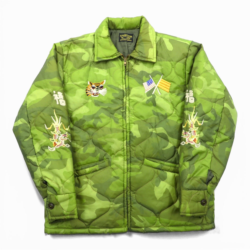 VINTAGE Quilted Viet-Jan Sukajan Souvenir Jacket, Size L, Khaki Nylon Padded, Non-Stock, MFG Camouflage