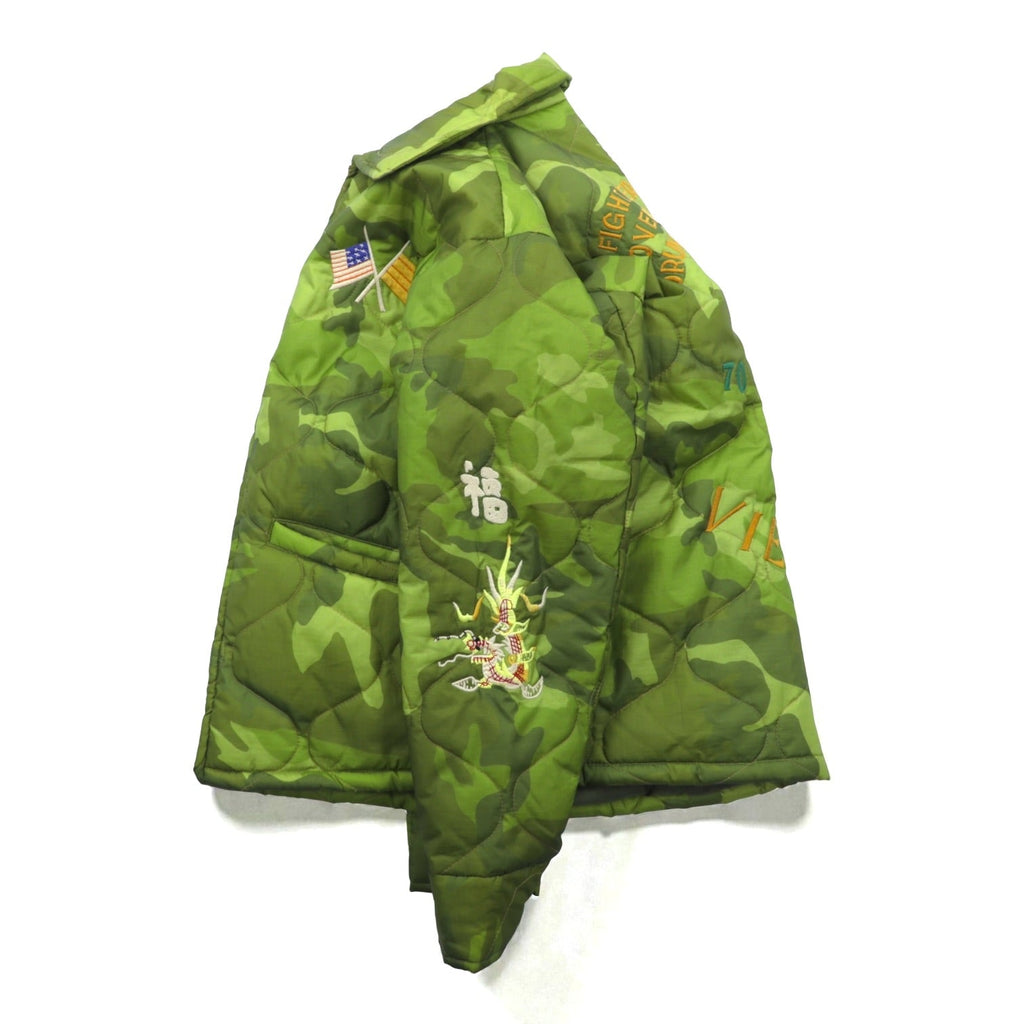 VINTAGE Quilted Viet-Jan Sukajan Souvenir Jacket, Size L, Khaki Nylon Padded, Non-Stock, MFG Camouflage