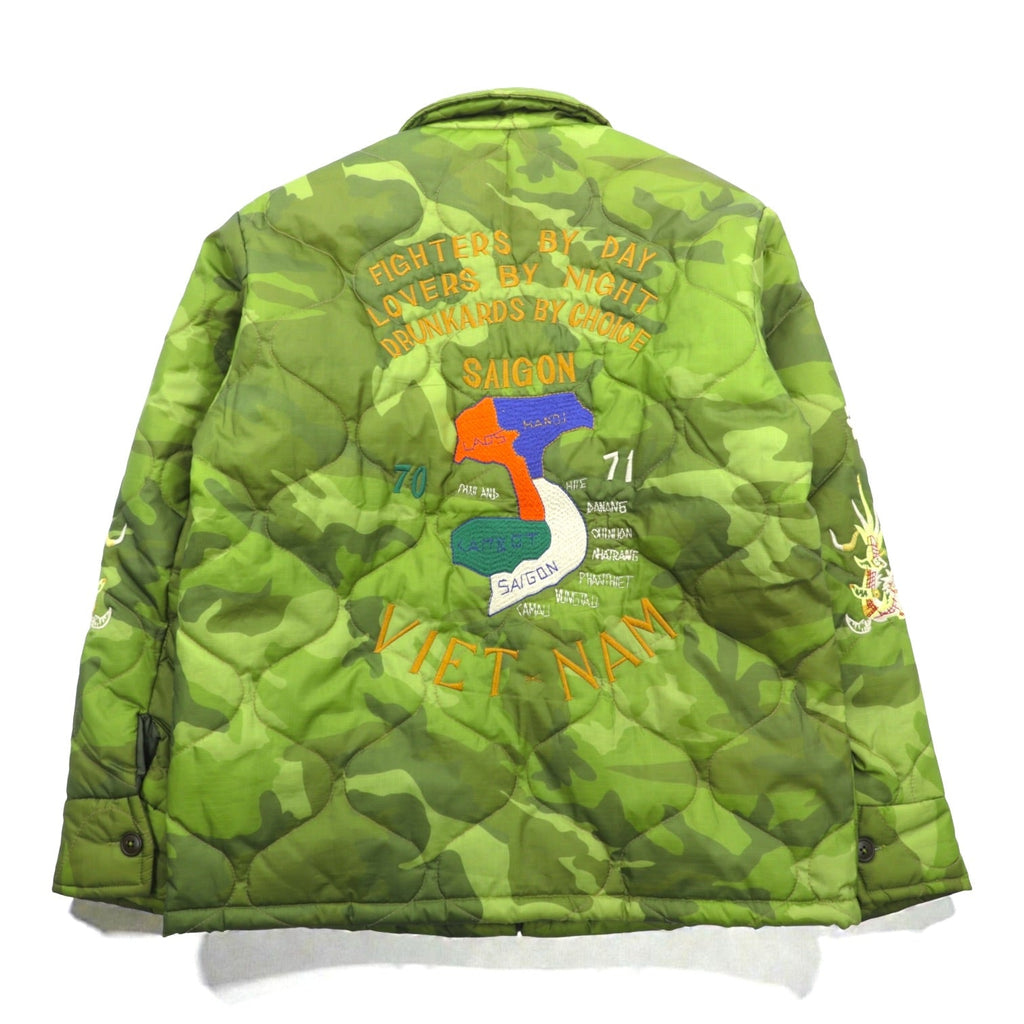 VINTAGE Quilted Viet-Jan Sukajan Souvenir Jacket, Size L, Khaki Nylon Padded, Non-Stock, MFG Camouflage