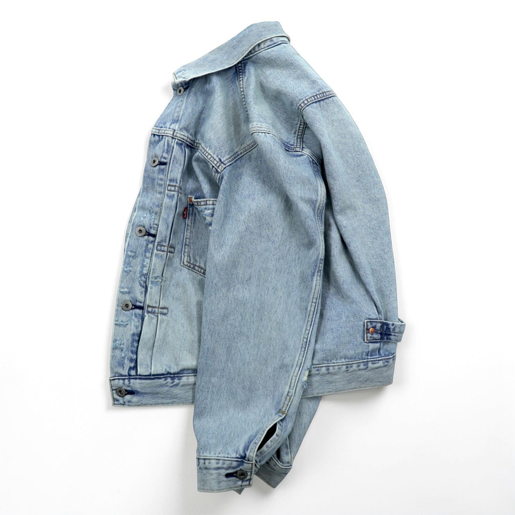 Levi's 1st Type War Model Big E Denim Jacket Gジャン S Big Size Cinch Back TYPE 1 A3174-0006 LIGHT WASH Distressed Double Pleat Relaxed Fit Leather Patch
