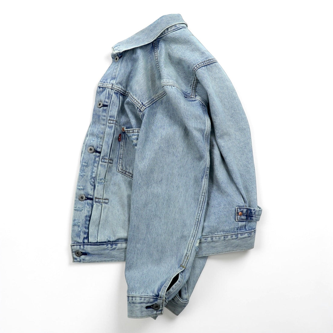 Levi's 1st Type War Model Big E Denim Jacket Gジャン S Big Size Cinch Back TYPE 1 A3174-0006 LIGHT WASH Distressed Double Pleat Relaxed Fit Leather Patch
