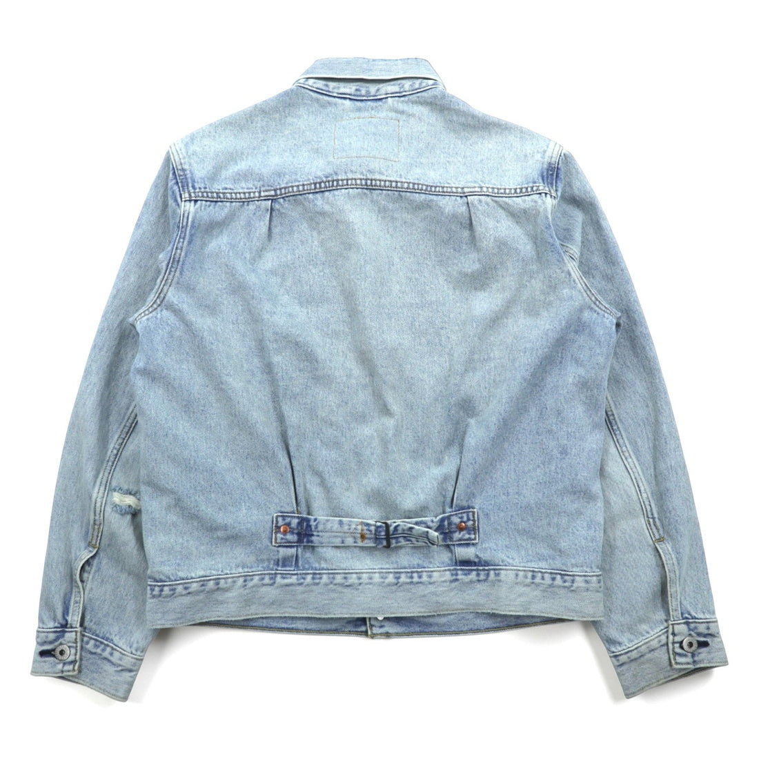 Levi's 1st Type War Model Big E Denim Jacket Gジャン S Big Size Cinch Back TYPE 1 A3174-0006 LIGHT WASH Distressed Double Pleat Relaxed Fit Leather Patch