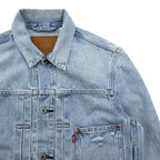 Levi's 1st Type War Model Big E Denim Jacket Gジャン S Big Size Cinch Back TYPE 1 A3174-0006 LIGHT WASH Distressed Double Pleat Relaxed Fit Leather Patch